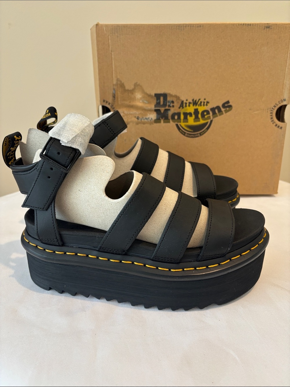 NEW! Dr. Martens Black Blaire Quad Hydro Leather Sandals w/ Yellow Stitching 8